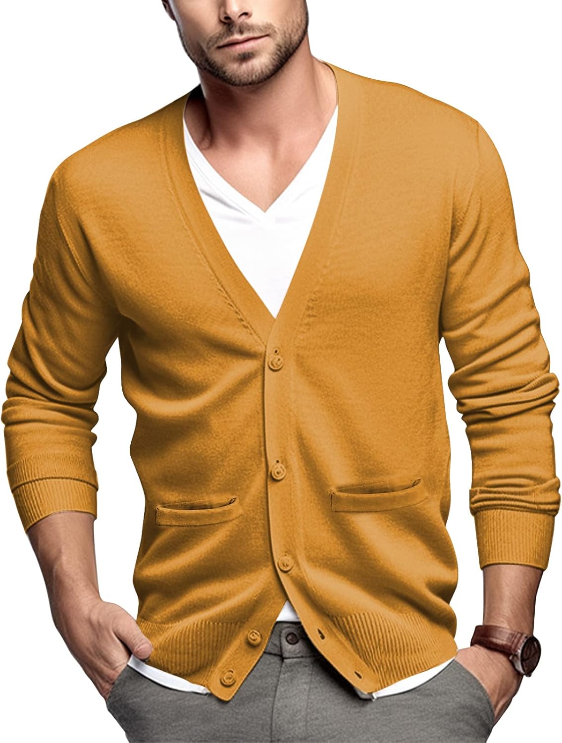 71ibp4lcovL._AC_SL1500_.jpg Men's 100% Cotton V-Neck Cardigan Pockets - Image 1